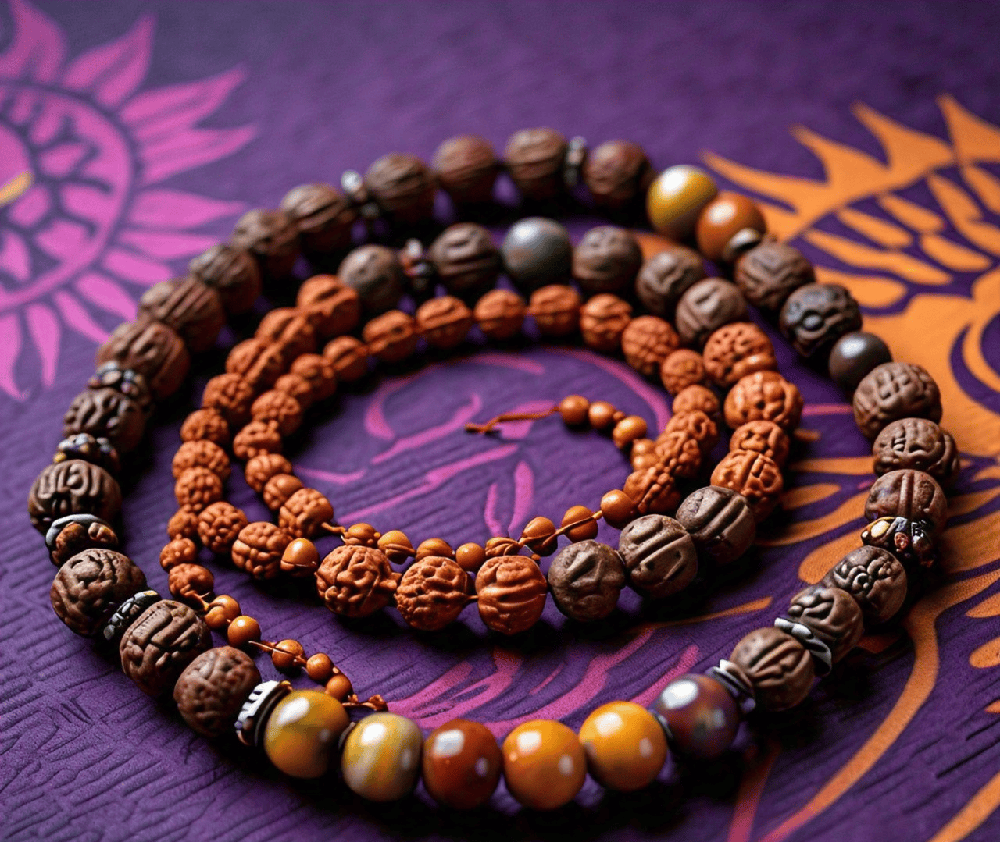 A serene image of Rudraksha beads placed on a yoga mat, symbolizing the connection between yoga and spiritual growth